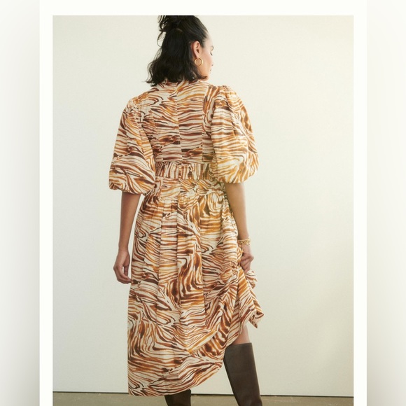 Anthropologie Swirl Motif Puff-Sleeved Belted Midi Dress - Picture 2 of 4